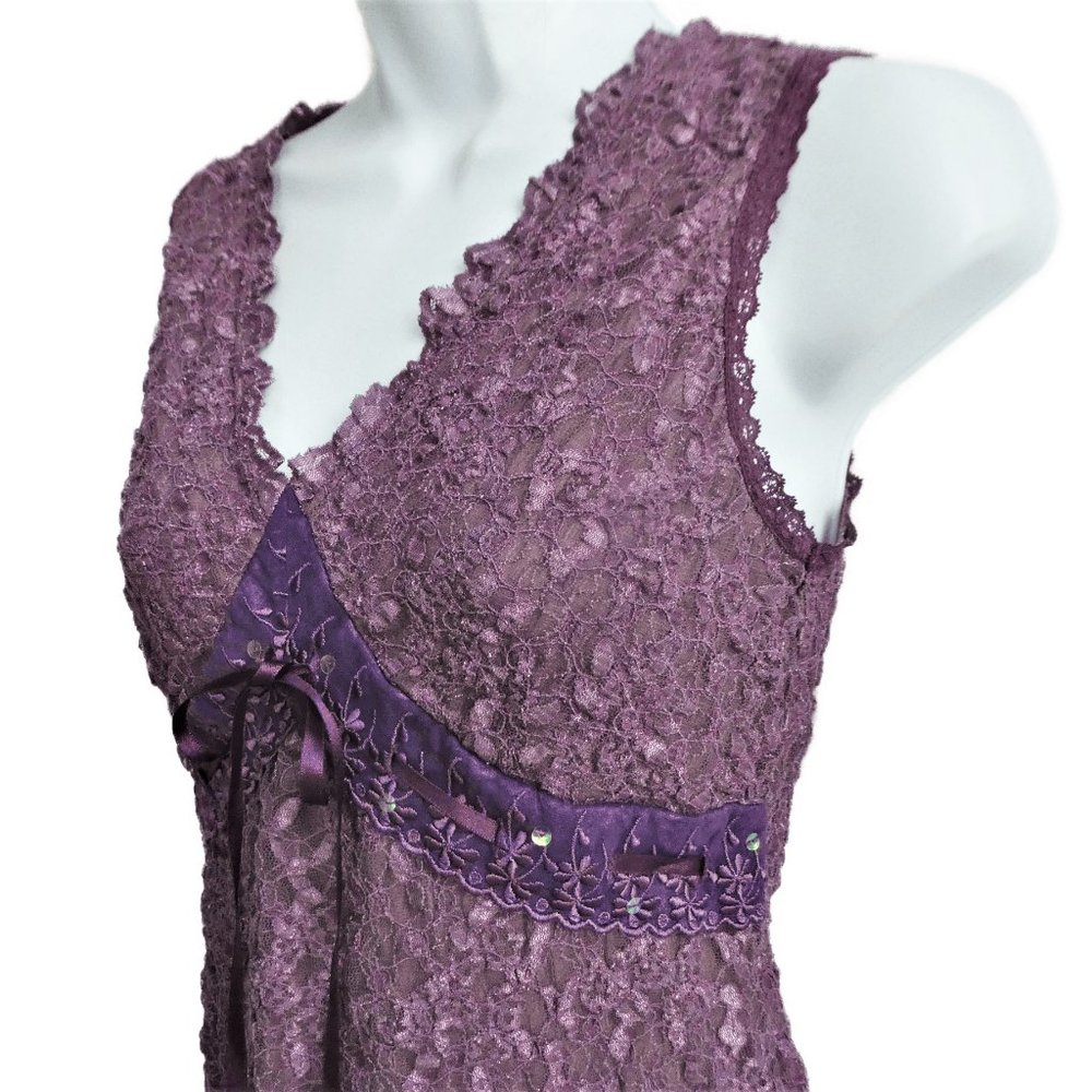 SOLD Y2K Summer Purple Top Nylon Spandex Floral Lace Lined Tank Grunge Fairy - Picture 3 of 7